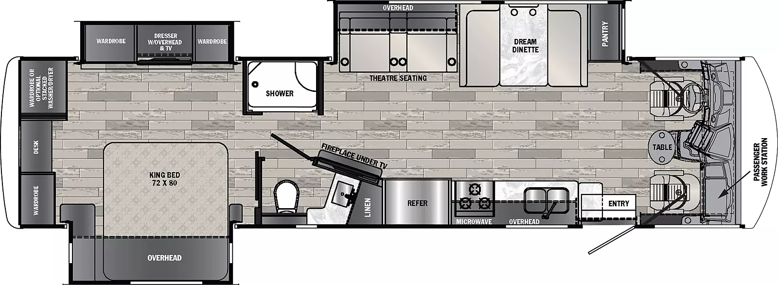 The Georgetown 5 Series GT5 34M5 floorplan has one entry and two slide outs. Exterior features include: 18' awning. Interiors features include: rear bedroom.